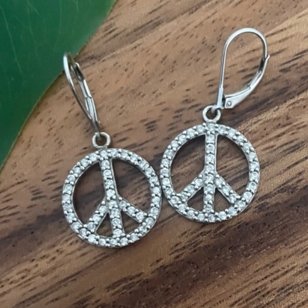 Silver Hippie Boho rhinestone bedazzled Peace Sign Dangle Earrings - Picture 3 of 9